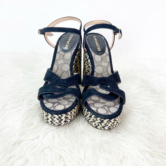 Coach 9.5 Women Black Suede Ankle Strap Block Heel Raffia Platform Talina Sandal - Picture 7 of 13